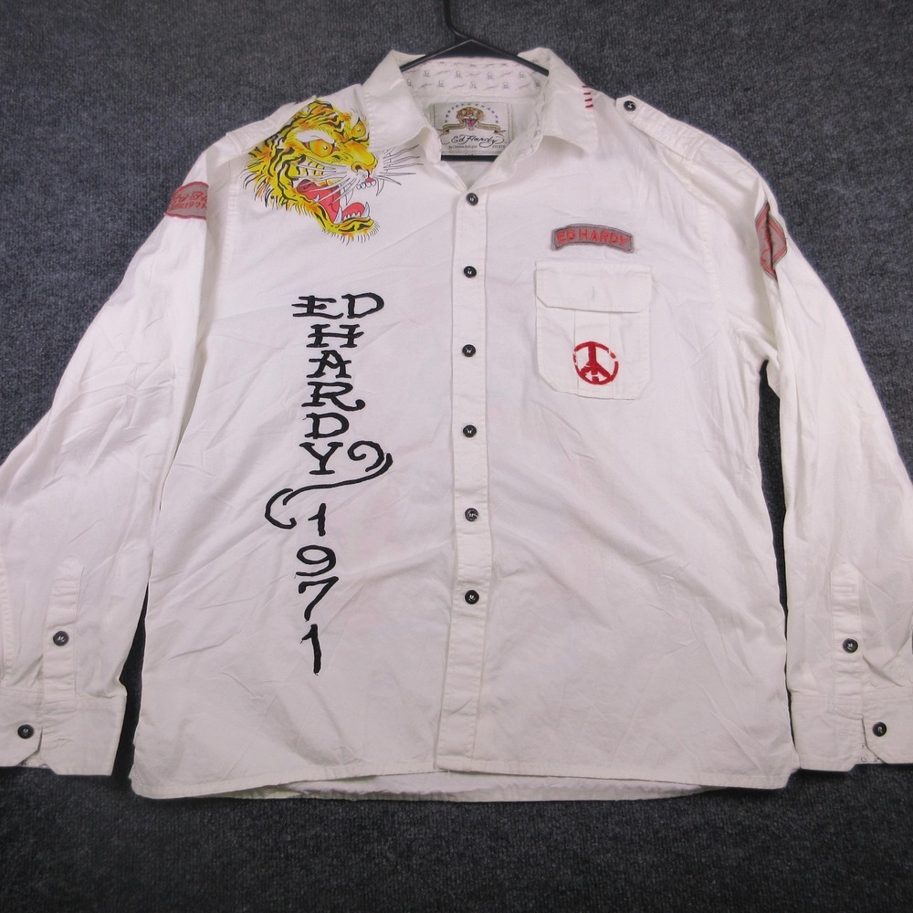 Y2K Ed Hardy Shirt Mens XL White Long Sleeve Button Tiger Tattoo Graphic 1971